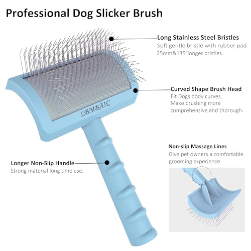 Slicker Dog Brush for Poodles,Doodle Brush,Fluff Shedding Fast. | Long Soft Gentle Pin,Curved Slicker Brush,Grooming Thick Long Curly Haired Dogs Cats,Fluffy Deshedding Reduce Tangles.25mm - color: blue