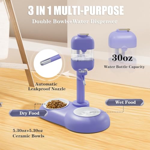 Dog Bowls with Puppy Weaning Bottles,3 in 1 Dog Bowl Set with Water Dispenser and 2 Food Grade Ceramic Bowls for Cats,Bunnies,Ferrets and Small Sized Dogs（Purple） - color: Purple