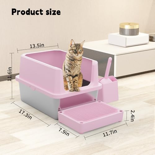 RIZZARI Cat Litter Box Anti-Scatter: Open-Room for Large Cats & Multi-Home | Odor-Free Steel Pan / Paw-Massage Entry Trap / Raised Anti-Spill Edges / Fits Maine Coon & 2+ Cats / Easy-Scoop Open View - color: Pink