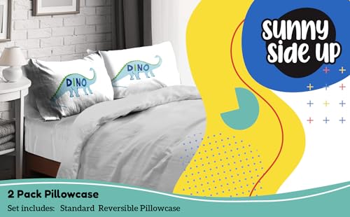 Sunny Side Up Dino Roar 2 Pack Reversible Pillowcases - Double Sided Pillow Covers, Kids Super Soft Dinosaur Bedding - color: White - Dino Roar