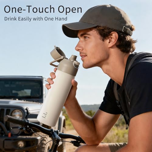 24oz 316L Stainless Steel Insulated Water Bottle | Smooth-flow oval spout, One-hand flip lid, Easy carry handle, Easy to clean, Sweat-proof exterior, Khaki - color: Khaki