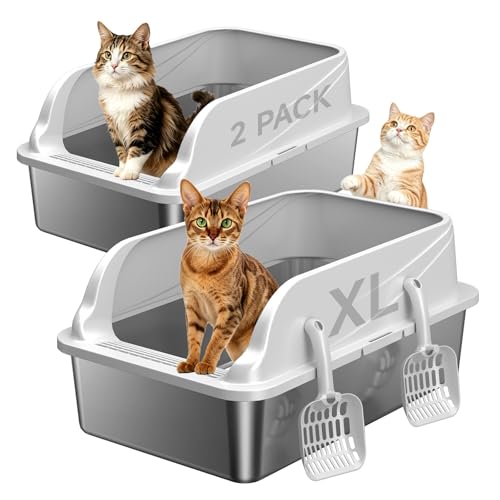 2PACK Stainless Steel Litter Boxes with Lid, Large Metal Pan Include Scoop | Odor Free Litter Pan Include Scoop Easy Cleaning Anti-Scratch Kitty Cat Box Anti-Urine Leakage, Non-Sticky - color: Grey 2PACK XL