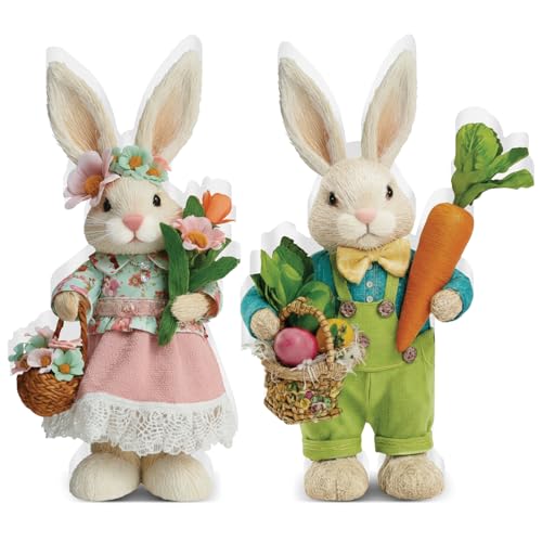DoubleFill 2 Pcs Easter Bunny Figurine Easter Wooden Bunny Figurines Table Decoration for Spring Gifts Home Office Centerpiece Decor Party Supplies - style: Trendy Style