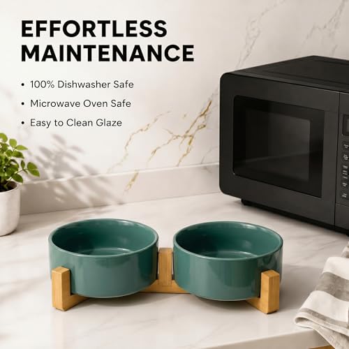 SPUNKYJUNKY Ceramic Dog and Cat Bowl Set with Wooden Stand, Modern Cute Weighted Food Water Set for Small Size Dogs (13.5OZ) & Medium Sized Dogs (28.7OZ) & Cats (1.7 Cups, 2 × Light Green) - color: Light Green × 2, size: 1.7 cups