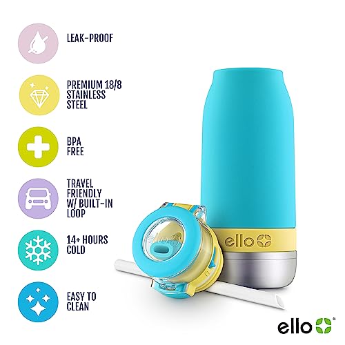 Ello Emma 14oz Insulated Stainless Kids Water Bottle with Straw, Sky | Insulated stainless steel kids water bottle with straw, leakproof locking lid, carry handle, and cold drinks for school - color: Sky