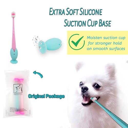 E.M&S.T by Emmeliestella Small Dog & Cat Toothbrush 360° Soft Silicone | Cat Dental Care, Toothbrush Holder, Easy to Handle, Independent Packaging, Suction Cup, Light Blue&Pink (2-Pack + Holder)