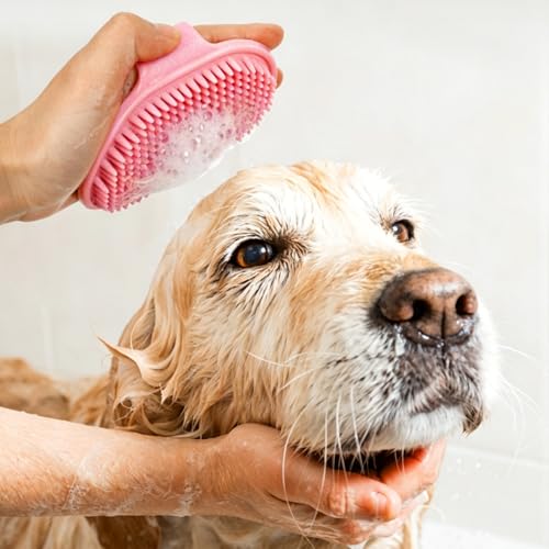 1pc Pet Bathing Brush With Adjustable Circular Handle, Non-Slip Grip, Soft Silicone Bristles for Dog & Cat Grooming, Shampooing, Massaging - Ideal for Bathing, Pink