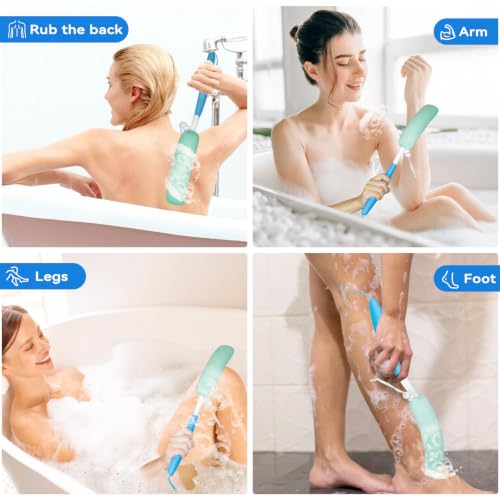 Back Scrubber for Shower,15.35"Curved Body Brush with Anti Slip Long Handle | Long Back Scrubber for Men & Women, Skin Exfoliating Curved Back Scrub Brush, Removable Long Handle Mesh Sponge Back Washer - size: Black+Blue Handle