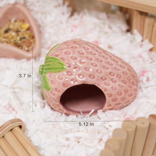 Ceramic Hamster Hideout Strawberry Chew Proof Syrian Hide Cool Bed | Easy to Clean Durable Ceramic Guinea Pig House, Good Hiding Hut Cave for Gerbil, Mice, Rat All Season，Cute Pink Habitat Decor - color: Pink