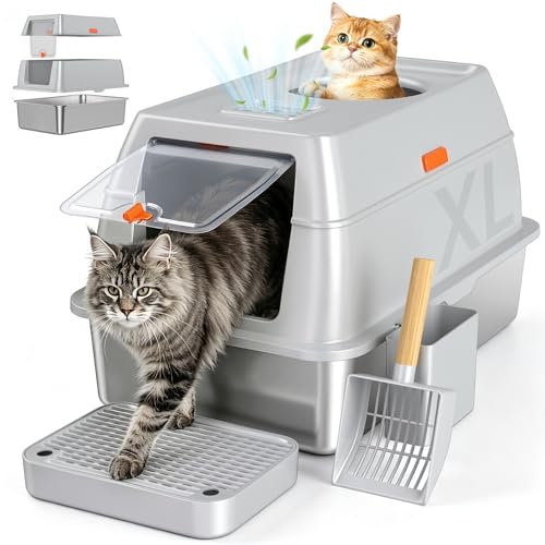 XL Enclosed Stainless Steel Litter Box with Lid, Light Gray | covered, High Sided, Rustproof & Leak Proof, Easy Clean, Odor Control, Includes Scoop & Step - color: Light Gray