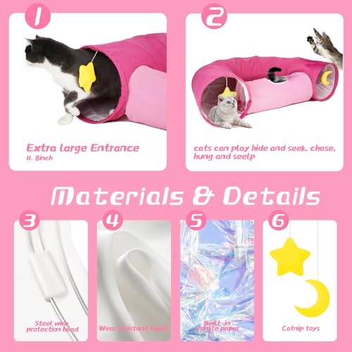 Cat Tunnel, Large Indoor Durable Collapsible Interactive Cat Tube with Peek-A-Boo Hole, Hanging Toys, and Crinkly Paper Lining - Cute Tunnel for Cats, Kittens, Puppies & Rabbits, Pink - color: PINK
