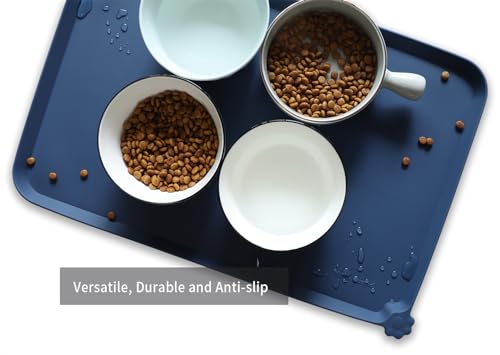 Hoki Found L Silicone Pet Food Mats with High Lips - Non Slip Cat Dog Bowl Placemats - Waterproof Cat Dog Feeding Mat - Indigo Ink - color: Indigo Ink, size: 22" x 14"