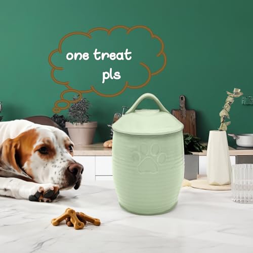 Large Dog Treat Container Airtight, Cute Dog Treat Jar with Lids,Rustic Dog Treat Storage Container, Ceramic Cat Food Jars for Kitchen Counter, Green | Large Capacity Doggie Cookie Jar for Countertop, Airtight Lid Keep Food Fresh, Sturdy Durable, Cute Paw