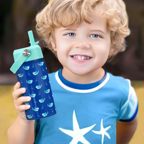 SANDJEST Shark Water Bottle - Kids Water Bottle with Straw Lid - 12 Oz Insulated Stainless Steel Water Bottles for Kid Boy- Travel Cup for School Sports - color: Shark 3