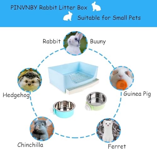 PINVNBY Rabbit Litter Box with Drawer for Cage Bunny Corner Litter Pan Box Small Animal Litter Pan Hanging Feed Bowls Cage Potty Trainer Pet Toilet for Rabbit Guinea Pigs Chinchilla Ferret - color: Blue