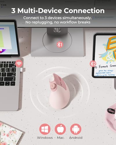 seenda MOU-302 Wireless Bluetooth Ergonomic Vertical Mouse with Volume Knob | Rechargeable 3-device mice for small/medium hands with quiet clicks, 1000/1600/2400 DPI for PC, laptop, MacBook, Pink - color: Pink