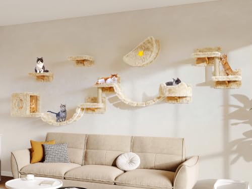 13-in-1 Cat Wall Shelves, Moon & Bridge Cat Wall Furniture, Beige | Wall Mounted Cats Shelf Set with Plush Fabric, Cat Climbing Systems for 16 Inch Drywall, Condo, Scratching Post, Space-Saving - color: Beige, size: 13-in-1