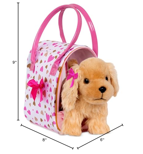 Pucci Pals Plush Puppy Carrier Set, Cocker Spaniel, Heart Print Bag, Pet | 3-piece plush pet set with Cocker Spaniel puppy, comb, and 8 x 6 x 9 in heart print carry bag for grooming and, 2+ Years - style: Cocker Spaniel - Gold & Pink Bag