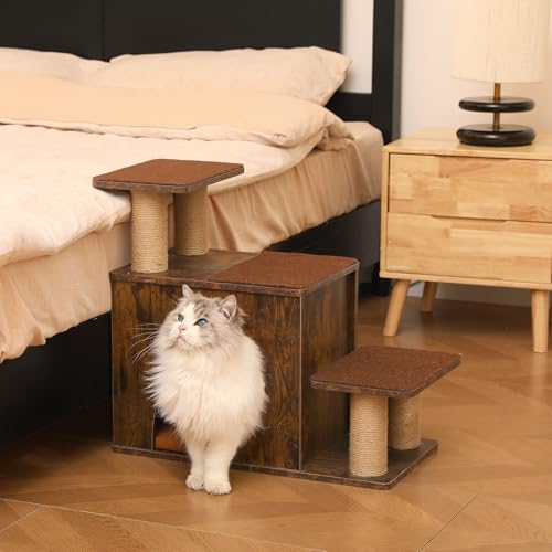 FUKUMARU 3-in-1 Pet Stairs, Retro-style Dog Steps for Cats and Small Dogs, Wooden Cat Stairs for High Bed with Scratching Post, Dog Ramp for Couch with Cat Condo Cave, Easy to Clean & Aesthetic Design - color: Brown
