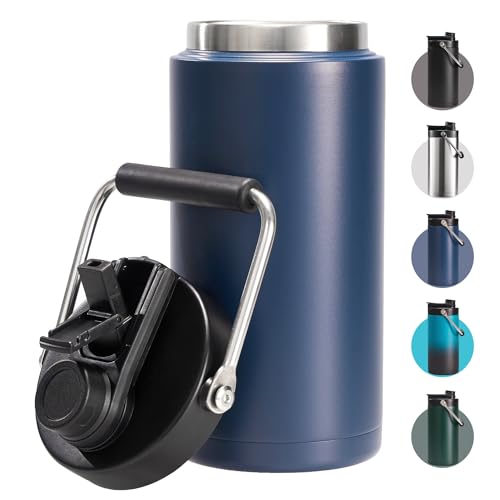 Fijinhom Half Gallon Insulated Water Bottle for Travel: 2-in-1 Straw and Spout Lid, Keep Cold 24Hrs, Leakproof, 64oz Water Jug With Handle, Vacuum Stainless Steel for Sports, Hiking, Trip(Dark Blue) - color: Dark Blue, size: 64 Ounces