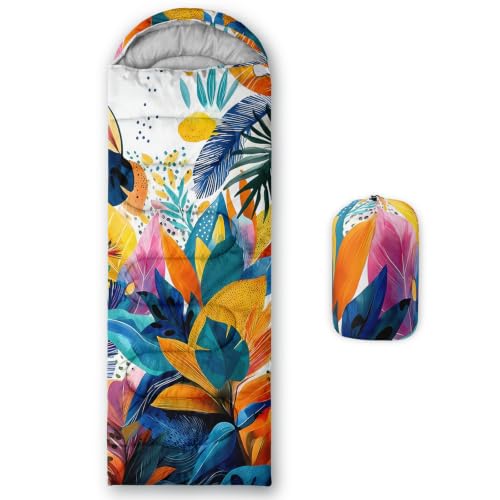 AILONEN Midnight Meow Sleeping Bag, Charcoal Cat Eyes Crescent Graphic, Portable Camp Sack Sleepover Style - color: Tropical Leaves