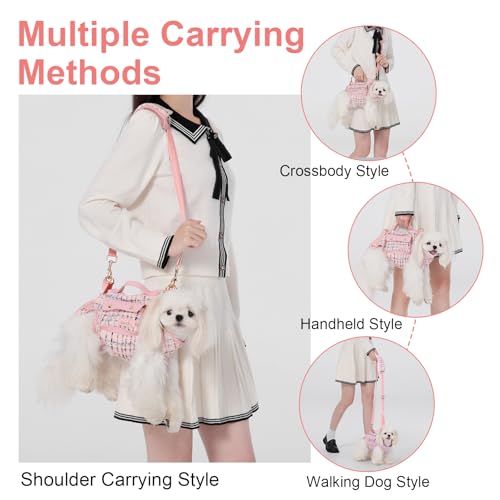 Wakytu Dog Lift Harness Dog Carrier Sling for Small Dogs & Cats,M | stylish puppy sling carrier with handle & pocket,adjustable leash,walking & travel - color: 2.0 Pink, size: Medium(8-13 LBS)