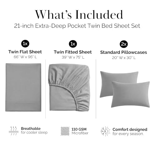 Southshore Fine Living, Inc. 4 Piece Twin Sheet Set, 21 Inch Extra Deep Pocket Sheets, Pet Hair Resistant Bedding Wrinkle Free Soft Microfiber Bed Sheets for Twin Size Bed, 2 Pillowcases - Steel Grey - color: 06 - Steel Grey, size: Twin