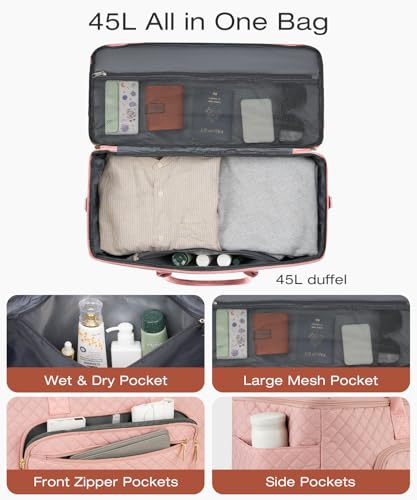 Travel Duffle Bag, Wide Open Large Weekender Bag for Women with Shoe Compartment, Carry on Overnight Bags with Toiletry Bag, Hospital Bag for Women Labor Delivery with Wet Pocket (Pink) - color: Pink, size: 45L