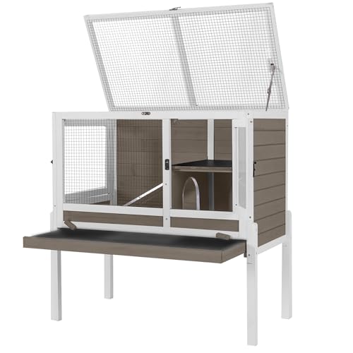 Aivituvin Guinea Pig Cages, Rabbit Hutch with Anti-Chew Frame, Bunny Cage with Cleaning Sliding Tray, 3 Openable Areas, Assemblable Legs, Ramp & Hideout Included - Brown - color: White Brown