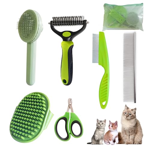 Cat Grooming Brush Kit 6 Tools - Deshedding & Dematting for Long/Short Hair, Self-Cleaning Slicker Brush with 6-in-1 Flea Comb for Cats & Kittens (Green) - color: Green