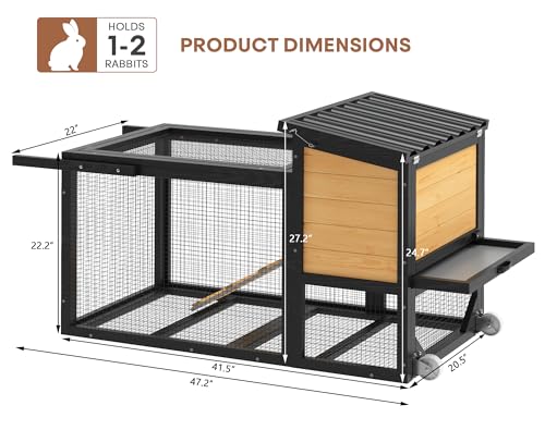 TIMHAKA 2-Story Bunny Hutch with Wheels and Chew-Proof Ramp, Yellow | Indoor Outdoor Bunny Cage w/ Leak-Proof Trays and Openable Waterproof Roof for Rabbits, Guinea Pig, Small Animal - size: 47.2"L x 21.98"W x 27.2"H