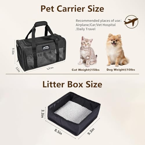 Pet Carrier Airline Approved, Soft Sided Cat Carrier for Small Pets up to 13 lbs, TSA Approved Dog Travel Bag, Portable Soft Sided Pet Carrier for Kittens and Puppies (Black, Travel Litter Box) - color: Black