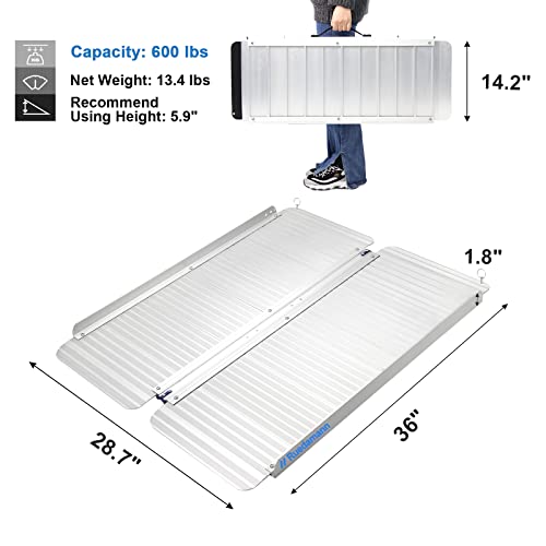 Ruedamann 3FT Portable Wheelchair Ramp for Home Steps, Non-Slip Aluminum | Scooter Ramp Upgraded Hinge, Folding wheelchair Ramps for Doorways, Ramps for Wheelchairs for home Steps, Porch, Scooters - size: 3FT Silver(Using Height 3-9'')