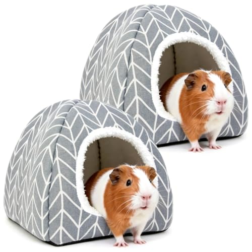 2 Pack Guinea Pig Hideout Bed, Dwarf Rabbit House Cave | Cozy Hide-Out Cage Accessories for Little Bunny, Hedgehog, Ferret, Chinchilla & Other Small Animals, Grey - color: Grey+Grey