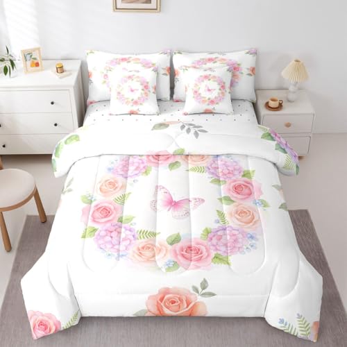 Erosebridal Girls Butterfly Queen Comforter Set with Sheets 7 Piece Butterflies Floral Bed in A Bag Green Pink Garden Botanical Flowers Bedding Sets for Teenager Modern Minimalist Aesthetics Bed Set - color: Green White Pink, size: Queen