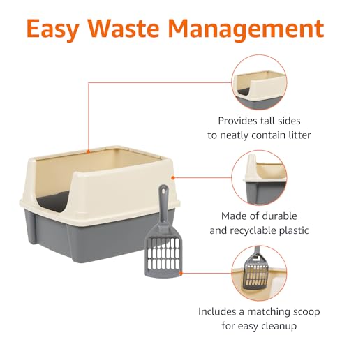 Amazon Basics Large Cat Litter Box with High Sides, Open Top for Easy Access, Includes Scoop with Storage, 19" x 15" x 11.75", Grey/Beige - color: Grey/Beige, style: Open Top
