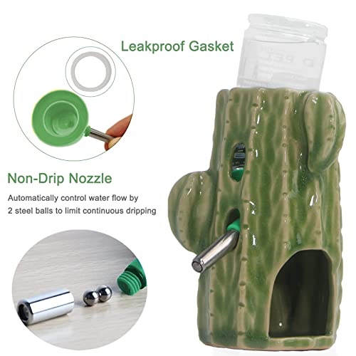 Adjustable No Drip Ceramic Hamster Water Bottle for Glass Tank | Green Cactus 2-In-1 80ML Free Standing Water Dispenser with Stable Hamster Hideout , Great for Dwarf Hamster, Mice, Rat