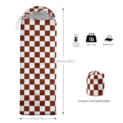 Sleeping Bags for Adults and Kids Backpacking Camping Sleeping Bags for Girls and Boys Lightweight Waterproof Cold/Warm Sleeping Bag for All Season - color: Brown and White Check