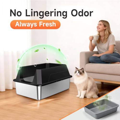 Stainless Steel Litter Box with High Sides, XL | High Sided Cat Litter Pan, Open Top Extra Large Metal Cat Litter Box, Non-Stick, Odor Free, Leakproof, Scoop Included,Black - color: Black