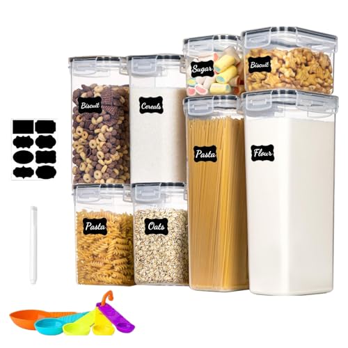 8pc Clear Airtight Canisters with Lids, Kitchen Dry Pantry Storage | 8pk clear airtight containers lock moisture out. Stackable plastic organizers for all your kitchen pantry dry foods - size: 8 pcs(14L)