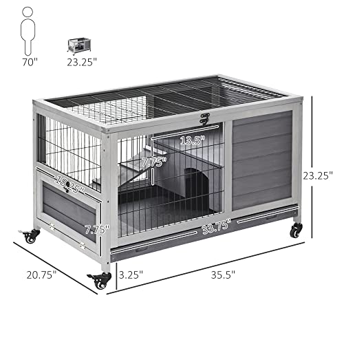 PawHut Wooden Rabbit Hutch Indoor Outdoor, Elevated Bunny Cage with No Leak Tray Enclosed Run with Wheels, Ideal for Guinea Pigs and Small Animals, Gray | No Leak Tray Enclosed Run with Wheels, for Rabbits, Chickens, Ducks, Guinea Pigs and Small Animals -