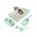 PAWISE Cat Litter Box Set, Small Kitten Starter Kit, Includes Litter Box, Litter Scoop, Double Dish Feeding Bowl, Cat Mouse Toy, Kitty Ball Toy, Green - color: Green