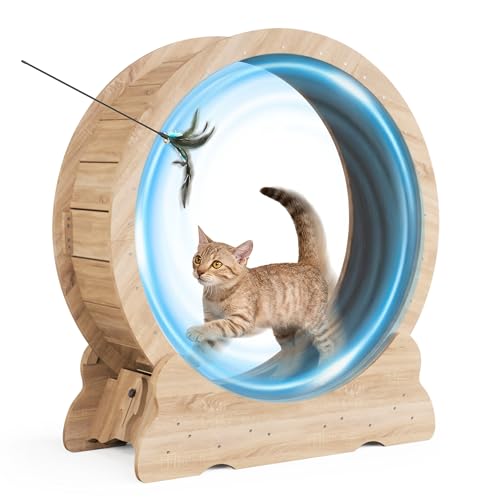 Mondeer 38'' Cat Wheel with Carpet Track and Teaser, Natural Wood | Cat Exercise Wheel, 38'' Treadmill with Carpeted Runway, Removable Carpet and Teaser, for Indoor Cats Running and Walking. - color: Natural Wood, size: 38