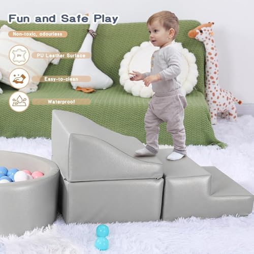 Hoohtoot Foam Climbing Blocks for Toddler: with 4-Piece PU Leather Climbing Toys and a Ball Pit - Foam Ball Pit for Toddlers - Climbing Toys Indoor for Kids Crawling - style: Foam Climbing Blocks with Ball Pit