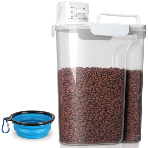 TIOVERY Dog Food Storage Container, 5-7 Lbs Airtight Pet Food Container, Cat food Container Dispenser with Portable Handle, Pouring Spout, Measuring Cup and a Collapsible bowl for Dogs Cats White/6Qt - color: White 6Qt