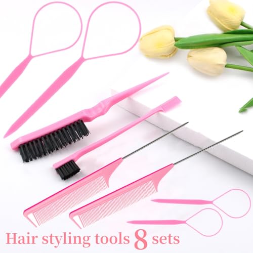 Hair Styling Tool Set 8 Pieces -4 Topsy hair Tail Tools 2 Rat Tail Combs, 1 Slick Back Hair Bristle Brush and 1 Edge Control Brush, Woman Girl Pink