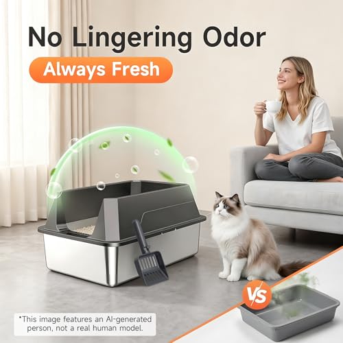 Stainless Steel Litter Box with High Sides, XL | High Sided Cat Litter Pan, Open Top Extra Large Metal Cat Litter Box, Non-Stick, Odor Free, Leakproof, Scoop Included, Gray - color: Grey