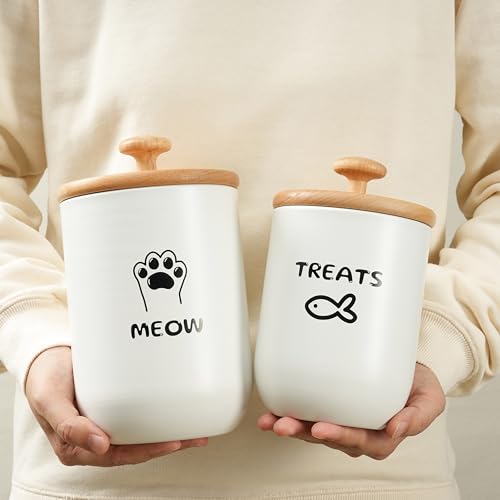 Cat Treat Container with Airtight Lid, Cat Food Oganizer Dry Food, Cat Food Storage Containers, Pet Treats Canister, Cat Treat Jar Set of 2-8.3x4.9 & 7.1x4.3 (White) - color: White