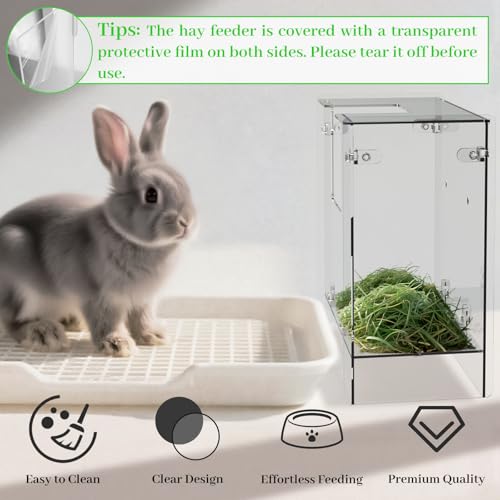 Acrylic Rabbit Hay Feeder with Lid, Transparent Hanging Food Dispenser Hay Feeder for Bunny Rabbits Guinea Pig Cage Chinchillas Hamsters Small Pets and Animals（Medium - size: M