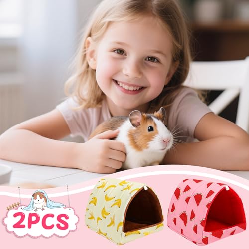 UPINS 2 Pack Guinea Pig Bed,Guinea Pig Hideout | Washable Small Animal House Cage Accessories,for Dwarf Rabbits Chinchillas Hamsters Hedgehogs - color: Red Yellow, size: 6.8 x 7.4 inch